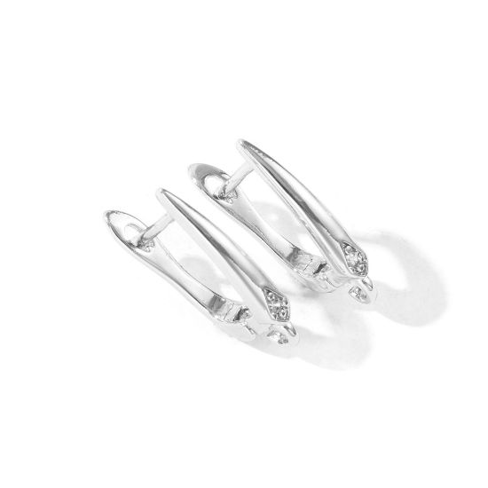 Picture of 1 Pair Brass Hoop Earrings For DIY Jewelry Making Accessories Wholesale Platinum Plated U Shaped Clear Cubic Zirconia With Open Loop 18mm x 12mm, Post/ Wire Size: 0.9mm(19 gauge)
