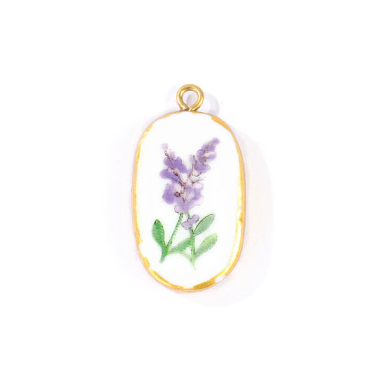 Picture of 2 PCs Eco-friendly PVD Waterproof Anti-Tarnish Hypoallergenic 304 Stainless Steel & Ceramic Pendants Wholesale 18K Real Gold Plated Purple Oval Lavender 3cm x 1.6cm