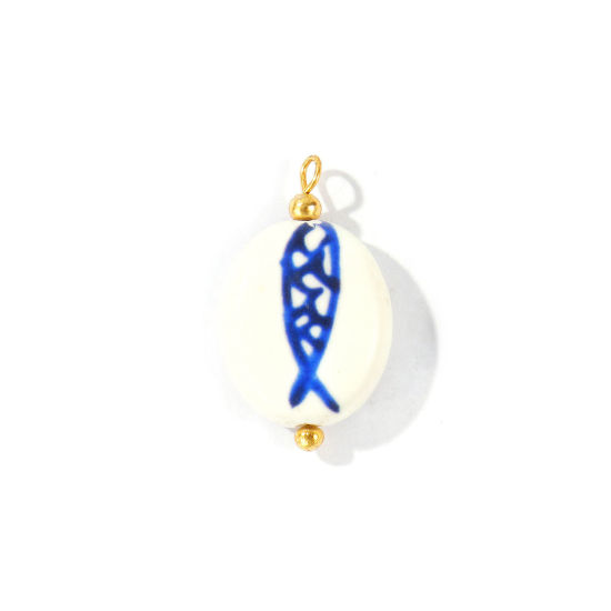 Picture of 5 PCs Ceramic & Brass Charms Wholesale 18K Real Gold Plated Dark Blue Oval Fish Painted 27mm x 16mm