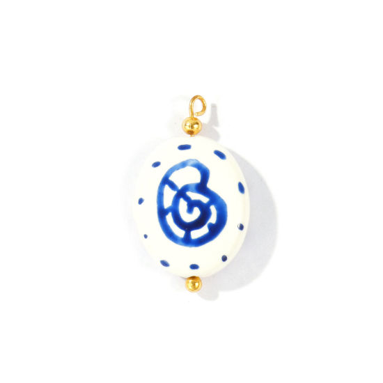 Picture of 5 PCs Ceramic & Brass Charms Wholesale 18K Real Gold Plated Dark Blue Oval Conch Sea Snail Painted 27mm x 16mm