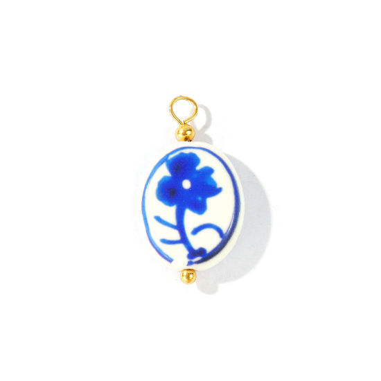 Picture of 5 PCs Ceramic & Brass Charms Wholesale 18K Real Gold Plated Dark Blue Oval Flower Painted 27mm x 16mm
