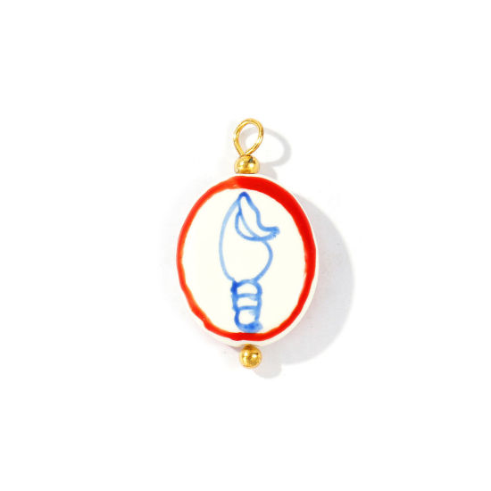 Picture of 5 PCs Ceramic & Brass Charms Wholesale 18K Real Gold Plated Red & Blue Oval Conch Sea Snail Painted 27mm x 16mm