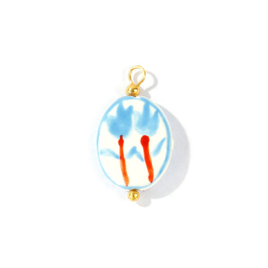 Picture of 5 PCs Ceramic & Brass Charms Wholesale 18K Real Gold Plated Red & Blue Oval Tulip Flower Painted 27mm x 16mm