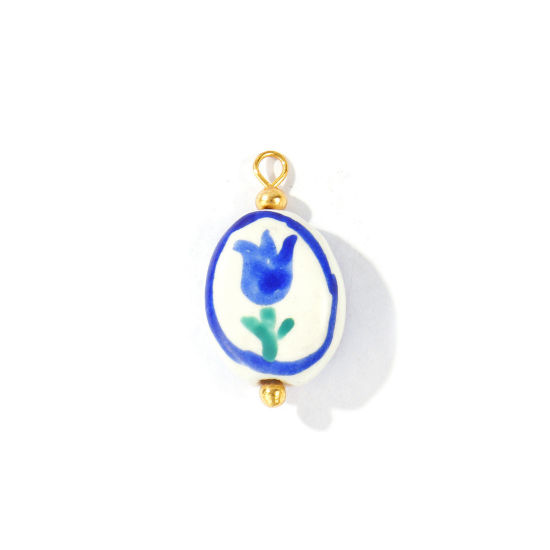 Picture of 5 PCs Ceramic & Brass Charms Wholesale 18K Real Gold Plated Blue & Green Oval Tulip Flower Painted 24mm x 13mm