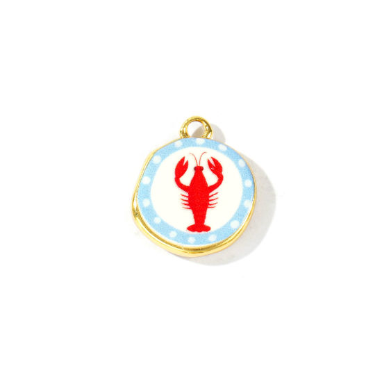 Image de 2 Pcs Breloques En Gros Bijoux d'Océan Respectueux de la Nature en Laiton Plaqué Or Véritable 18K Rouge & Bleu Rond Homard Imprimé 16mm x 14mm