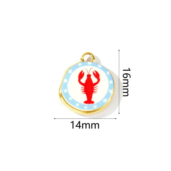 Image de 2 Pcs Breloques En Gros Bijoux d'Océan Respectueux de la Nature en Laiton Plaqué Or Véritable 18K Rouge & Bleu Rond Homard Imprimé 16mm x 14mm