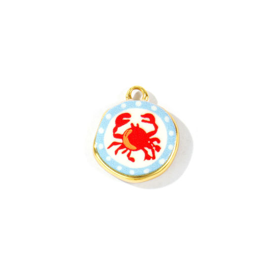 Image de 2 Pcs Breloques En Gros Bijoux d'Océan Respectueux de la Nature en Laiton Plaqué Or Véritable 18K Rouge & Bleu Rond Crabe Imprimé 16mm x 14mm