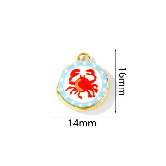 Image de 2 Pcs Breloques En Gros Bijoux d'Océan Respectueux de la Nature en Laiton Plaqué Or Véritable 18K Rouge & Bleu Rond Crabe Imprimé 16mm x 14mm
