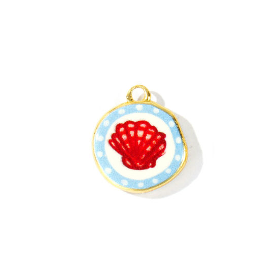 Image de 2 Pcs Breloques En Gros Bijoux d'Océan Respectueux de la Nature en Laiton Plaqué Or Véritable 18K Rouge & Bleu Rond Coquilles Imprimé 16mm x 14mm