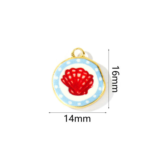 Image de 2 Pcs Breloques En Gros Bijoux d'Océan Respectueux de la Nature en Laiton Plaqué Or Véritable 18K Rouge & Bleu Rond Coquilles Imprimé 16mm x 14mm