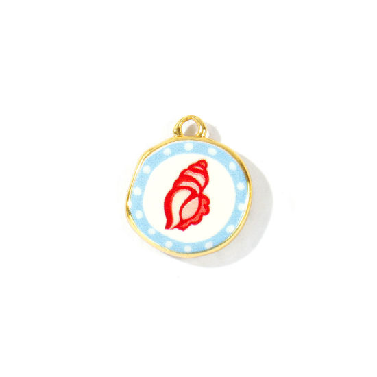 Image de 2 Pcs Breloques En Gros Bijoux d'Océan Respectueux de la Nature en Laiton Plaqué Or Véritable 18K Rouge & Bleu Rond Conque Imprimé 16mm x 14mm