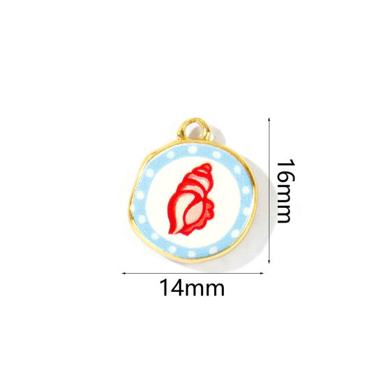 Image de 2 Pcs Breloques En Gros Bijoux d'Océan Respectueux de la Nature en Laiton Plaqué Or Véritable 18K Rouge & Bleu Rond Conque Imprimé 16mm x 14mm