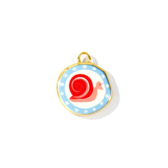 Image de 2 Pcs Breloques En Gros Respectueux de la Nature en Laiton Plaqué Or Véritable 18K Rouge & Bleu Rond Escargot Imprimé 16mm x 14mm
