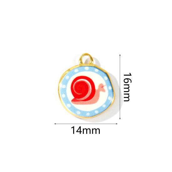 Image de 2 Pcs Breloques En Gros Respectueux de la Nature en Laiton Plaqué Or Véritable 18K Rouge & Bleu Rond Escargot Imprimé 16mm x 14mm
