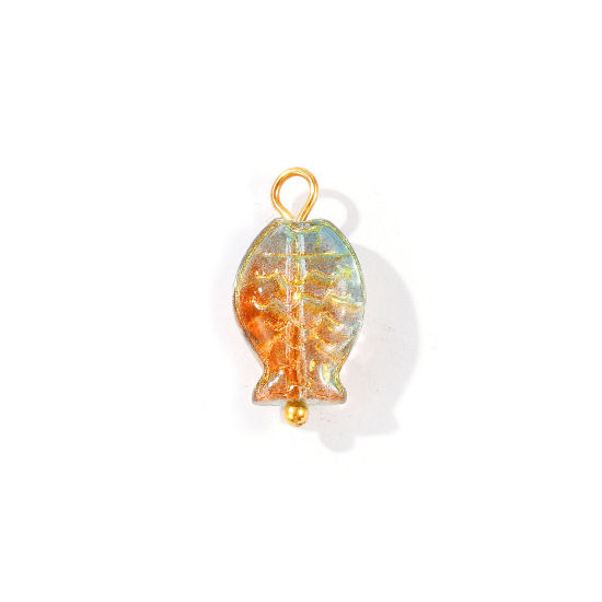 5 個 304ステンレス鋼 & ランプワークガラス 海ジュエリー チャーム 卸売り 18Kゴールドメッキ 魚 3D 20mm x 10mm、 の画像