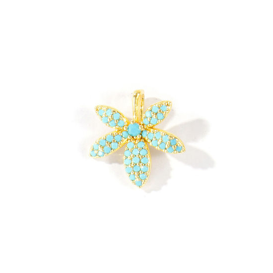2 個 真鍮 チャーム 卸売り 18Kリアルゴールドメッキ 葉 ブルー ジルコン 18mm x 16mm、 の画像