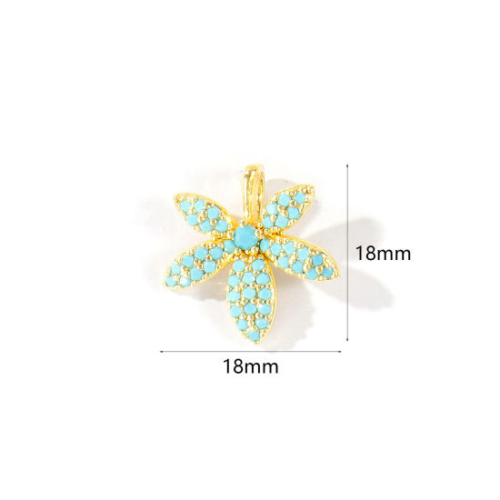 2 個 真鍮 チャーム 卸売り 18Kリアルゴールドメッキ 葉 ブルー ジルコン 18mm x 16mm、 の画像
