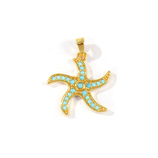 2 個 真鍮 海ジュエリー チャーム ペンダント 卸売り 18Kリアルゴールドメッキ ヒトデ ブルー ジルコン 24mm x 19mm、 の画像