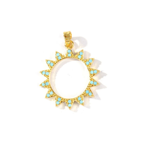 Picture of 2 PCs Brass Wholesale 18K Real Gold Plated Sun Micro Pave Blue Cubic Zirconia 29mm x 21mm
