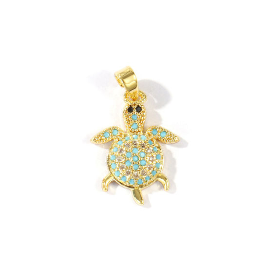 Picture of 2 PCs Brass Wholesale 18K Real Gold Plated Tortoise Animal Micro Pave Blue Cubic Zirconia 23mm x 14mm