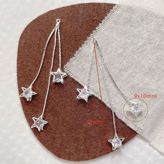2 個 真鍮 ペンダント 卸売り 銀メッキ 五芒星 タッセル 透明ラインストーン 7.1cm、 の画像
