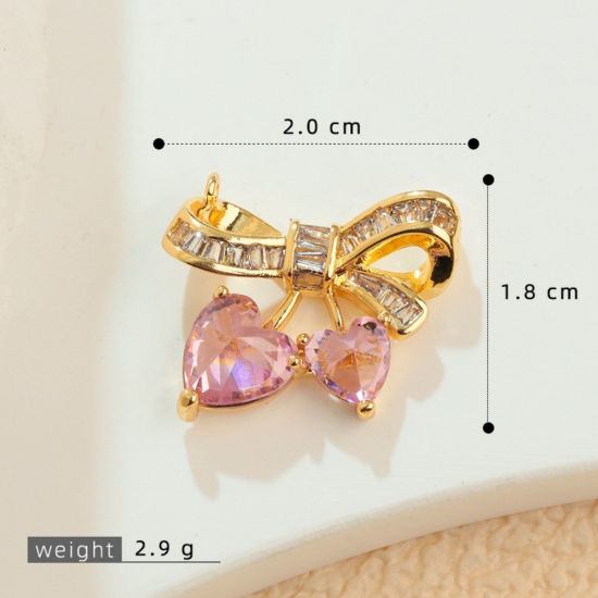 2 個 真鍮 服 チャーム 卸売り 18Kゴールドメッキ リボン ピンク ジルコン 20mm x 18mm、 の画像