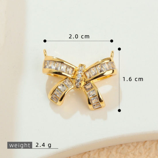 2 個 真鍮 服 コネクター ペンダント チャーム 卸売り 18Kゴールドメッキ リボン クリア ジルコン 20mm x 16mm、 の画像