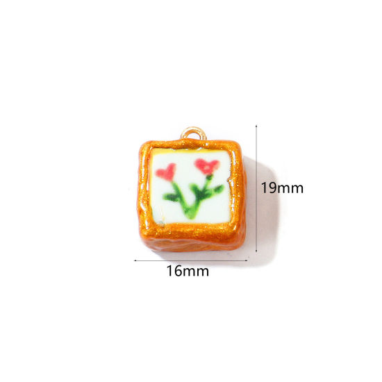Image de 2 Pcs Breloques En Gros en Céramique Rouge Émail Carré Fleurs Imprimé 19mm x 16mm