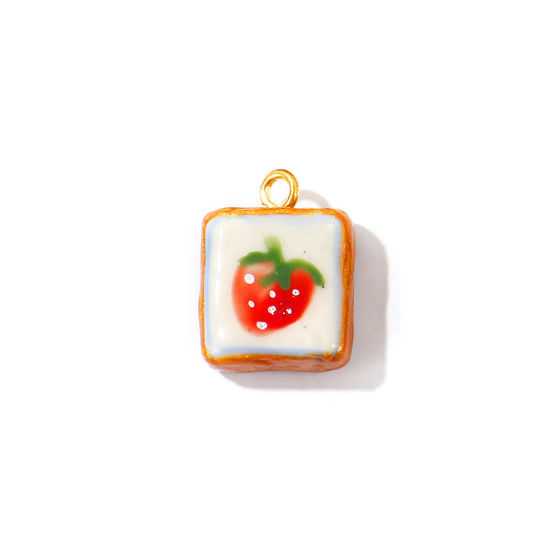 Image de 2 Pcs Breloques En Gros en Céramique Rouge Émail Carré Fraises Imprimé 22mm x 17mm