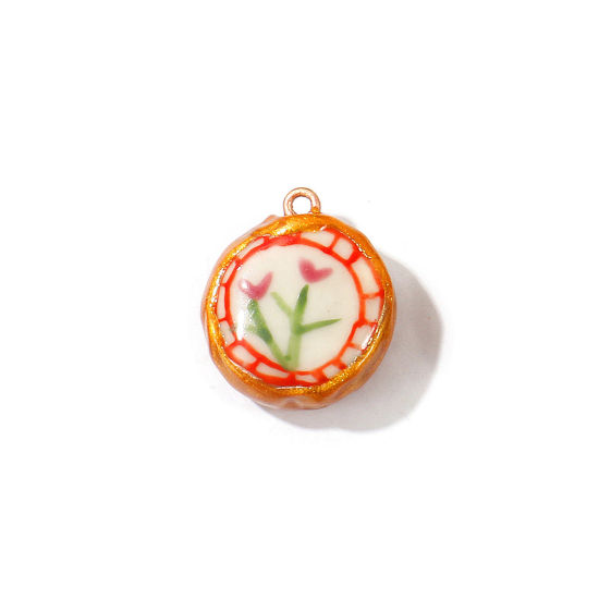 Image de 2 Pcs Breloques En Gros en Céramique Rouge Émail Rond Fleurs Imprimé 23mm x 21mm