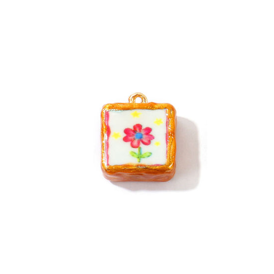 Image de 2 Pcs Breloques En Gros en Céramique Rouge Émail Carré Fleurs Imprimé 19mm x 16mm