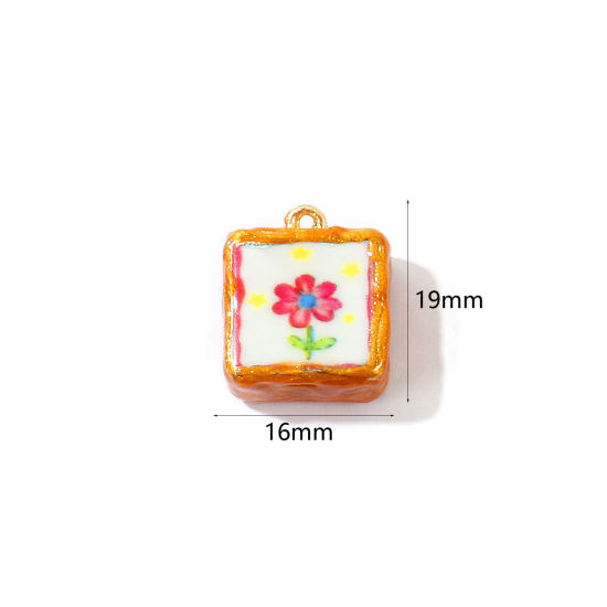 Image de 2 Pcs Breloques En Gros en Céramique Rouge Émail Carré Fleurs Imprimé 19mm x 16mm