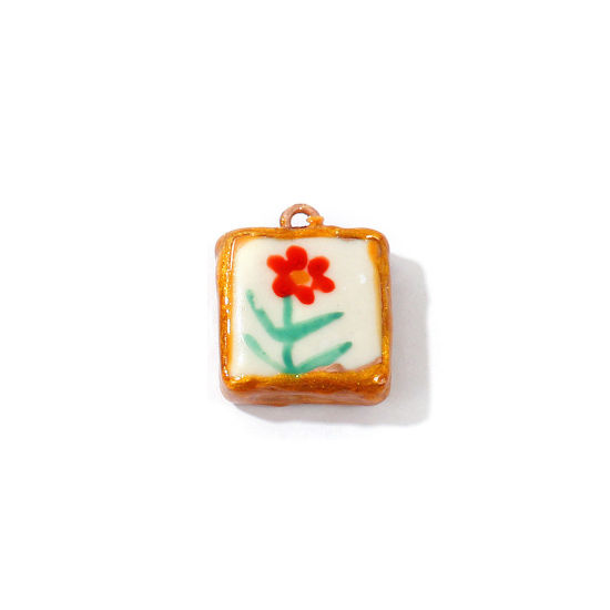 Image de 2 Pcs Breloques En Gros en Céramique Rouge Émail Carré Fleurs Imprimé 20mm x 17mm