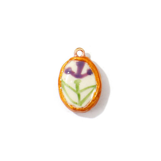 Image de 2 Pcs Breloques En Gros en Céramique Violet Émail Ovale Fleur Iris Imprimé 24mm x 16mm