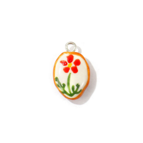 Image de 2 Pcs Breloques En Gros en Céramique Rouge Émail Ovale Fleurs Imprimé 25mm x 16mm