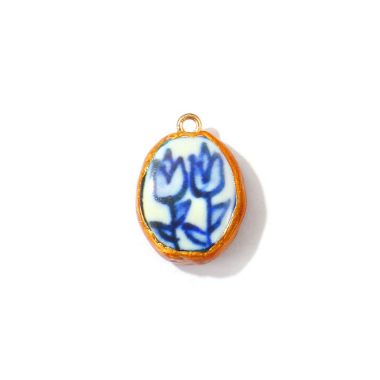 Image de 2 Pcs Breloques En Gros en Céramique Bleu Foncé Émail Ovale Fleurs Imprimé 24mm x 18mm
