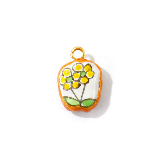 Image de 2 Pcs Breloques En Gros en Céramique Jaune Émail Ovale Fleurs Imprimé 21mm x 15mm