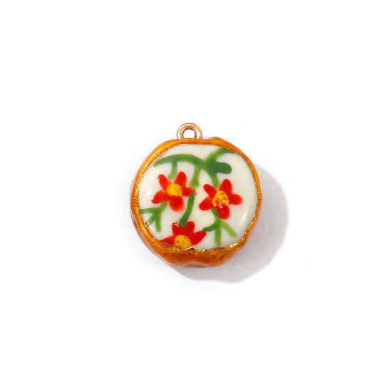 Image de 2 Pcs Breloques En Gros en Céramique Rouge Émail Rond Fleurs Imprimé 24mm x 20mm
