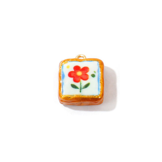 Image de 2 Pcs Breloques En Gros en Céramique Rouge Émail Carré Fleurs Imprimé 19mm x 16mm