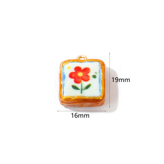Image de 2 Pcs Breloques En Gros en Céramique Rouge Émail Carré Fleurs Imprimé 19mm x 16mm