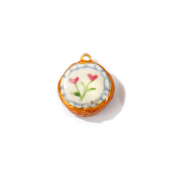 Image de 2 Pcs Breloques En Gros en Céramique Mauve Émail Rond Fleurs Imprimé 23mm x 21mm