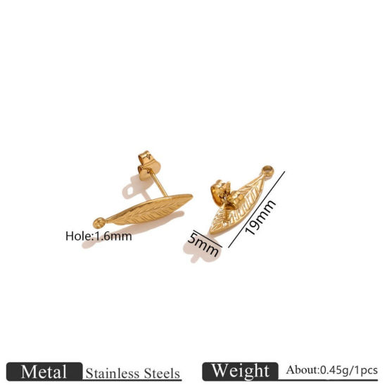 Picture of 2 PCs Eco-friendly PVD 304 Stainless Steel Ear Post Stud Earring With Loop Connector Accessories Wholesale Leaf 18K Gold Plated 5mm x 19mm, Post/ Wire Size: 0.7mm(21 gauge)
