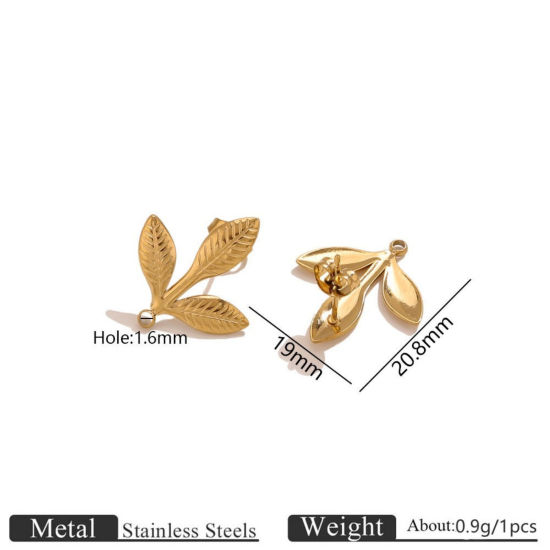 Picture of 2 PCs Eco-friendly PVD 304 Stainless Steel Ear Post Stud Earring With Loop Connector Accessories Wholesale Leaf 18K Gold Plated 19mm x 20.8mm, Post/ Wire Size: 0.7mm(21 gauge)