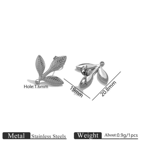 Picture of 2 PCs 304 Stainless Steel Ear Post Stud Earring With Loop Connector Accessories Wholesale Leaf Silver Tone 19mm x 20.8mm, Post/ Wire Size: 0.7mm(21 gauge)