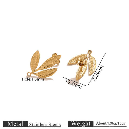 Picture of 2 PCs Eco-friendly PVD 304 Stainless Steel Ear Post Stud Earring With Loop Connector Accessories Wholesale Leaf 18K Gold Plated 16.5mm x 23.6mm, Post/ Wire Size: 0.7mm(21 gauge)