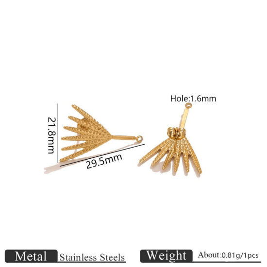 Picture of 2 PCs Eco-friendly PVD 304 Stainless Steel Ear Post Stud Earring With Loop Connector Accessories Wholesale Fan-shaped 18K Gold Plated Leaf 21.8mm x 29.5mm, Post/ Wire Size: 0.7mm(21 gauge)