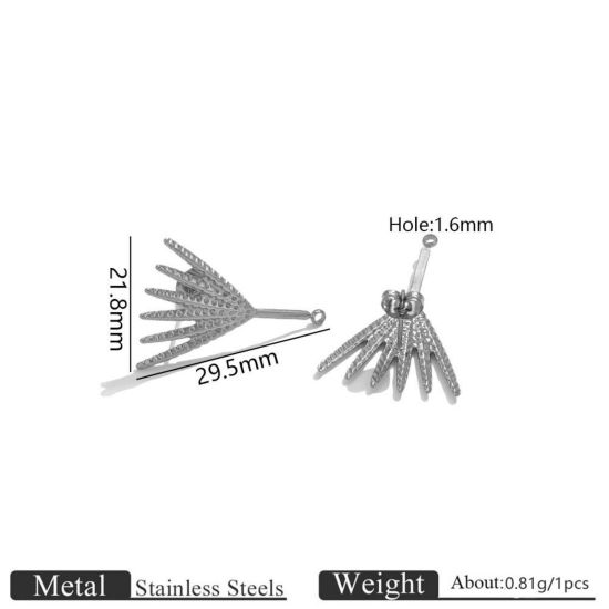 Picture of 2 PCs 304 Stainless Steel Ear Post Stud Earring With Loop Connector Accessories Wholesale Fan-shaped Silver Tone Leaf 21.8mm x 29.5mm, Post/ Wire Size: 0.7mm(21 gauge)