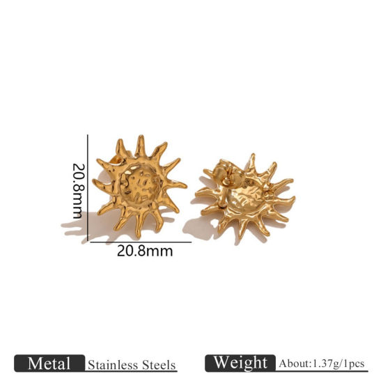 Picture of 2 PCs Eco-friendly PVD 304 Stainless Steel Ear Post Stud Earring With Loop Connector Accessories Wholesale Sun 18K Gold Plated 20.8mm x 20.8mm, Post/ Wire Size: 0.7mm(21 gauge)