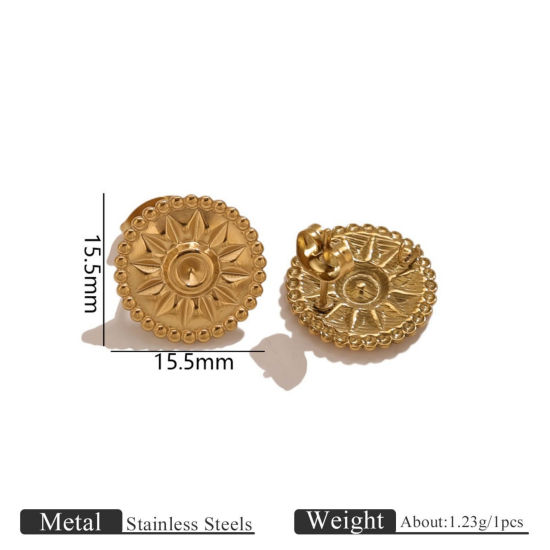 Picture of 2 PCs Eco-friendly PVD 304 Stainless Steel Ear Post Stud Earring With Loop Connector Accessories Wholesale 18K Gold Plated Sunflower 15.5mm x 15.5mm, Post/ Wire Size: 0.7mm(21 gauge)