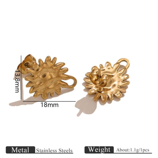 Picture of 2 PCs Eco-friendly PVD 304 Stainless Steel Ear Post Stud Earring With Loop Connector Accessories Wholesale Sun 18K Gold Plated 13.8mm x 18mm, Post/ Wire Size: 0.7mm(21 gauge)